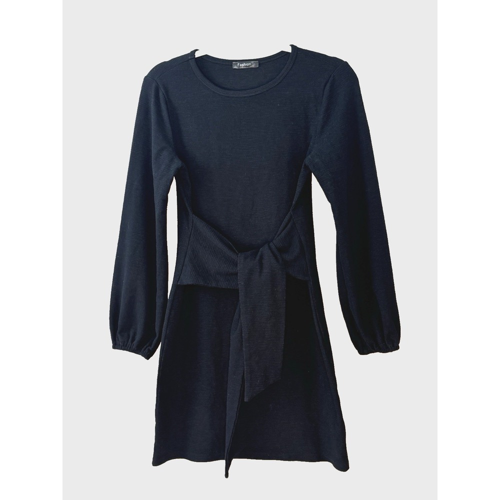 Whimsigoth Tie Front Black Dress Small Knit Lantern Sleeve Minimal Capsule Retro